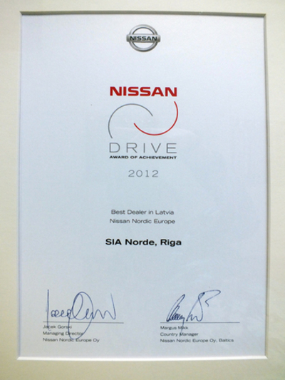 Norde atzīts par Labāko Nissan dīleri Latvijā 2012. gadā  